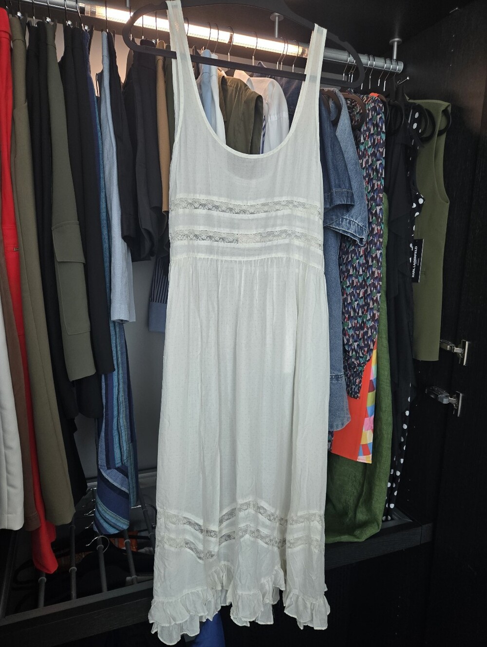 White Scoop Neck Voile & Lace Midi Dress